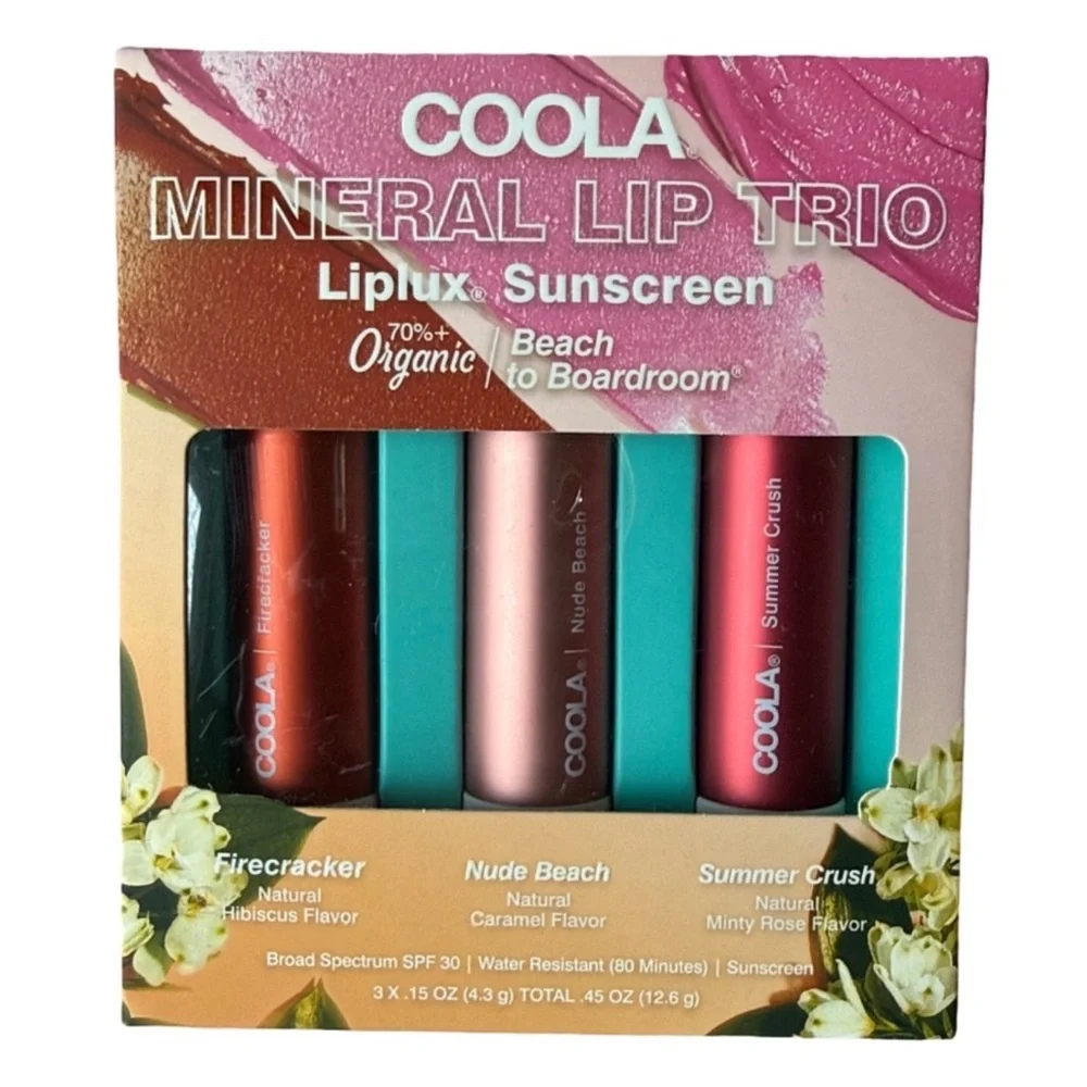 Coola Mineral Lip Trio Liplux Sunscreen 70% Organic Beach to Boardroom Lip Balm